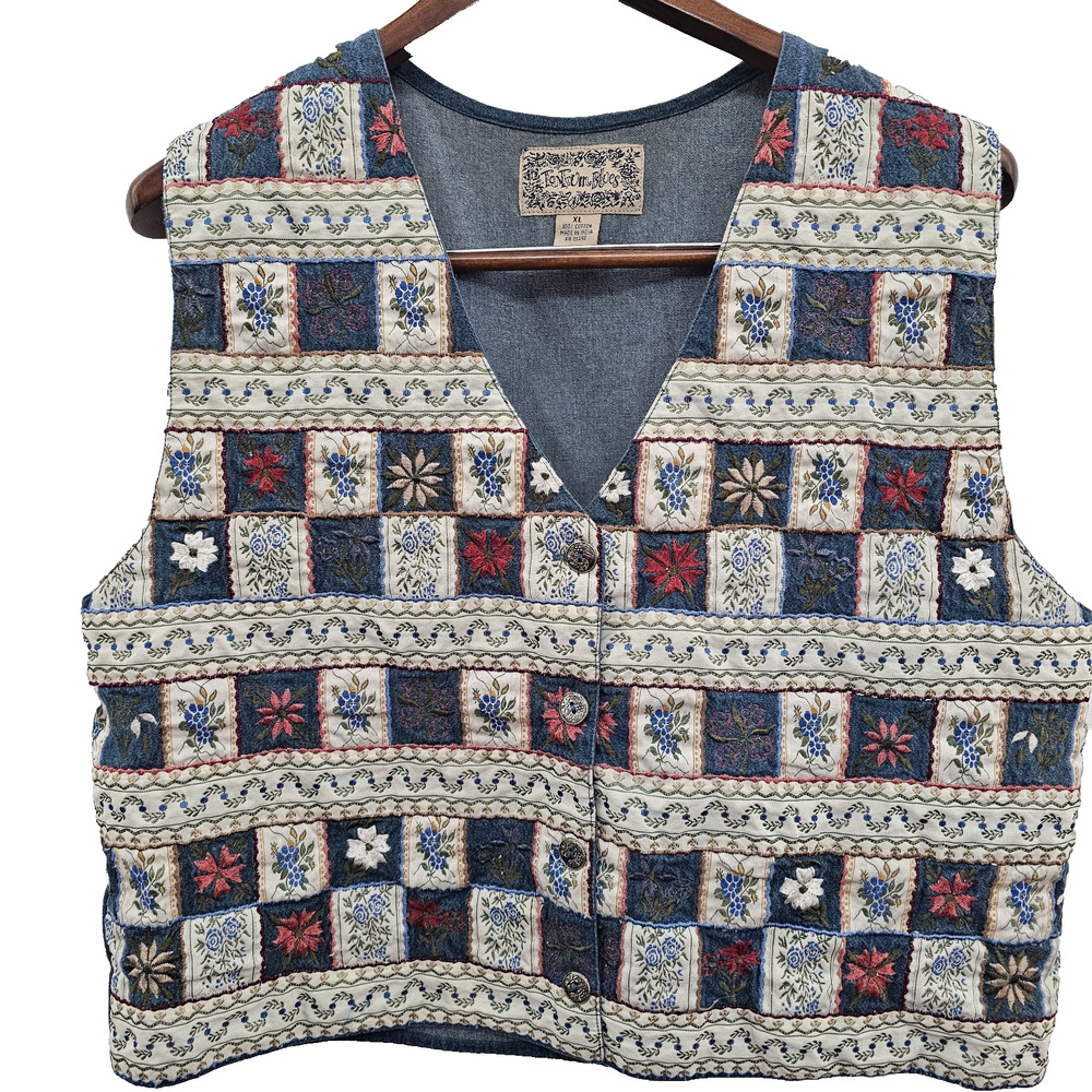 Vtg TanTrums Womens Vest XL Floral Cottage Cross Stitch Grandma Folk Patchwork